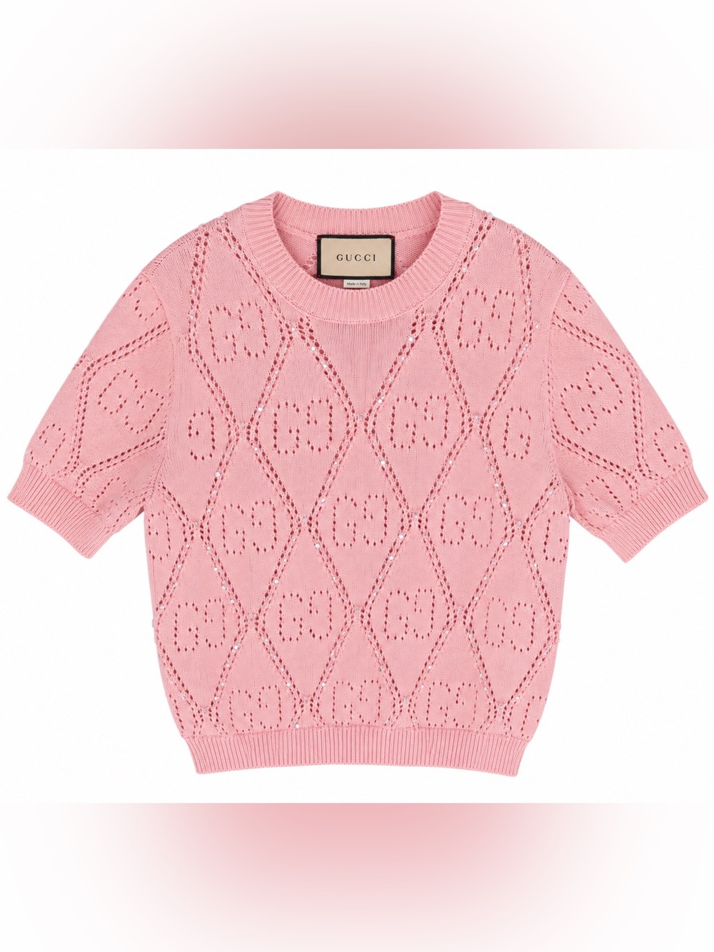🚩steal Gucci Pink Openwork Short-Sleeve Crewneck Sweater
